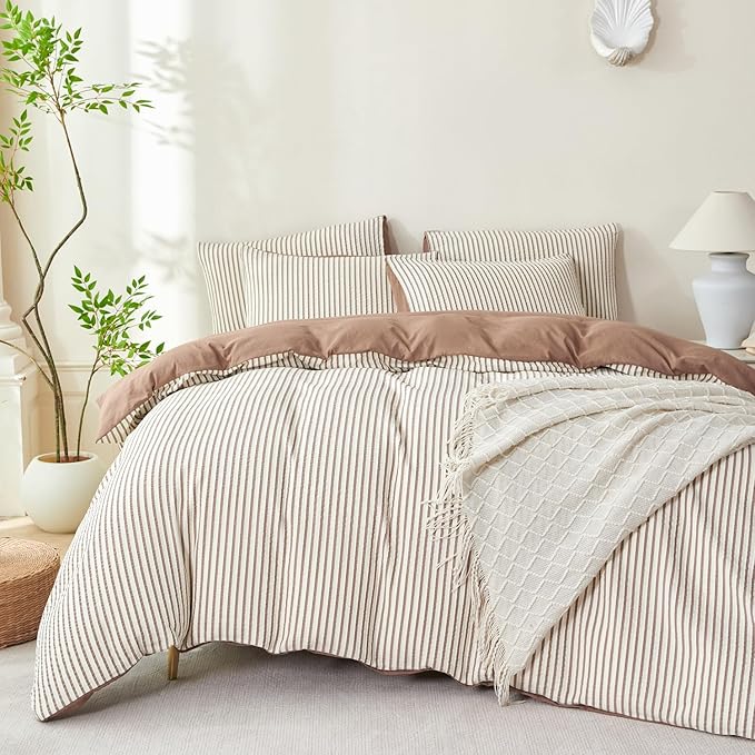 Comforter Set King Dark Brown Striped Soft Luxury Washed Microfiber Jacquard 3 Pieces Bedding, White Dark Brown Vertical Ticking Stripes Comforter with 2 Pillowcases Breathable Durable Comfy