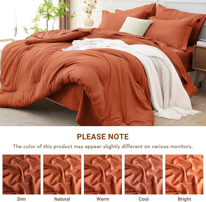 7 Pieces Queen Comforter Set, Soft Bed in a Bag Queen Size, All Season Bedding Set with Comforter, Flat Sheet, Fitted Sheet, Pillowcases & Shams, Burnt Orange