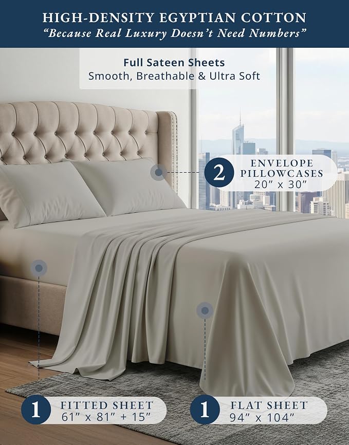 LANE LINEN Full Size Sheets Cotton 100% Egyptian Cotton Sateen - Silver | Deep Pocket Full Size Sheets Set - 4-Piece Set, For A Luxurious Night's Sleep, For A Silky Hotel-Style Bed, Elegant