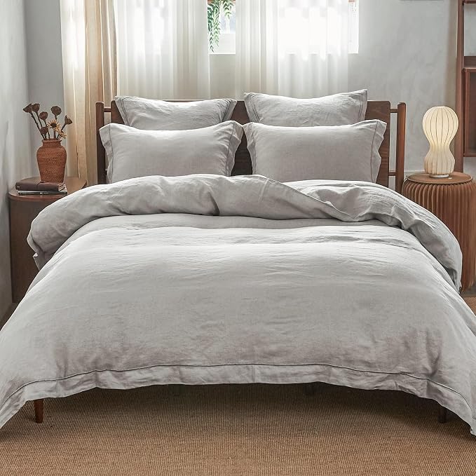 Simple&Opulence 100% Linen Duvet Cover Set with Embroidery Border Washed - 2 Pieces (1 Duvet Cover & 1 Pillow Sham) with Button Closure Soft Breathable Farmhouse - Light Grey, Twin Size