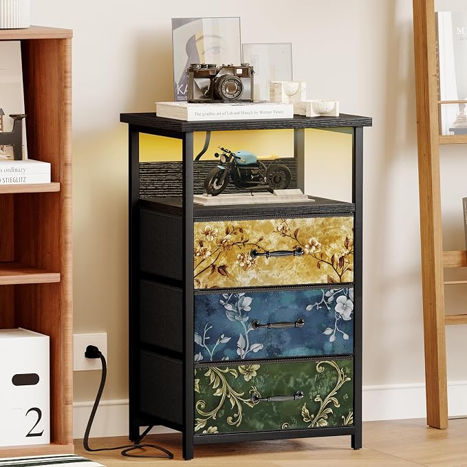 Fixwal Night Stand with 3 Fabric Drawers, Nightstand with Charging Station | vintage flower, led lights, built-in bedside charger, 2 AC outlets & 2 usb ports, 2 wooden shelves, bedroom furniture