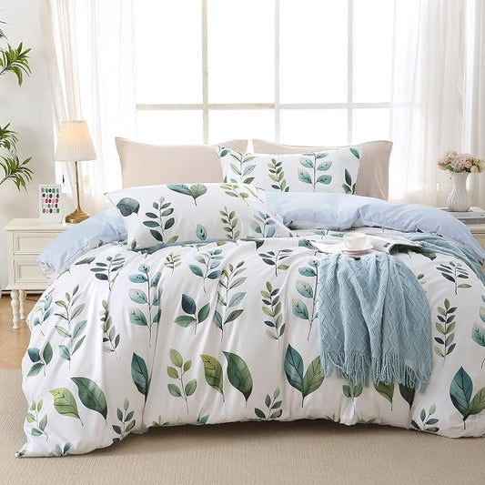 Duvet Cover King Size, Reversible Floral Vintage Duvet Cover Set with Zipper Closure, 3 Pieces Botanical Patterns Soft Microfiber Bedding Set (90"x104", 2 Pillow Cases 20"×36", Green Foliage White)