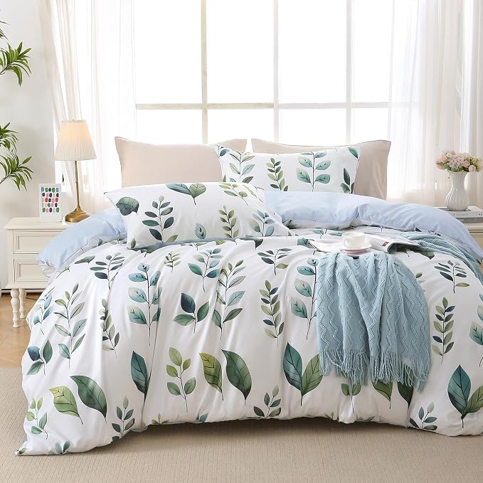 MUXHOMO Duvet Cover Queen Size, Reversible Floral Vintage Duvet Cover Set with Zipper Closure, 3 Pieces Botanical Patterns Soft Microfiber Bedding Set (90"x90", 2 Pillow Cases, Green Foliage White)