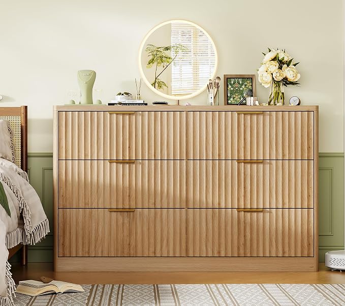 Fluted 6 Drawer Dresser for Bedroom, Wide Modern Chest of Drawers with Metal Handle, Curved Profile Design, Wood Closet Clothes Storage Organizer for Bedroom, Hallway, Natural