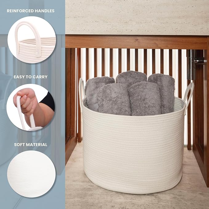 OrganiHaus Round Toy Basket & Blanket Basket, Cotton Rope 20x13" | Full Off-White - Round Cotton Rope Basket, 20x13"