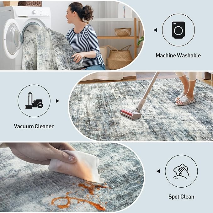 10x14 Area Rugs for Living Room: Washable Abstract Blue Multi Carpet | Non-slip TPE backing makes this washable soft low-pile rug safe & durable, Pet-friendly decor for dining room,nursery,office