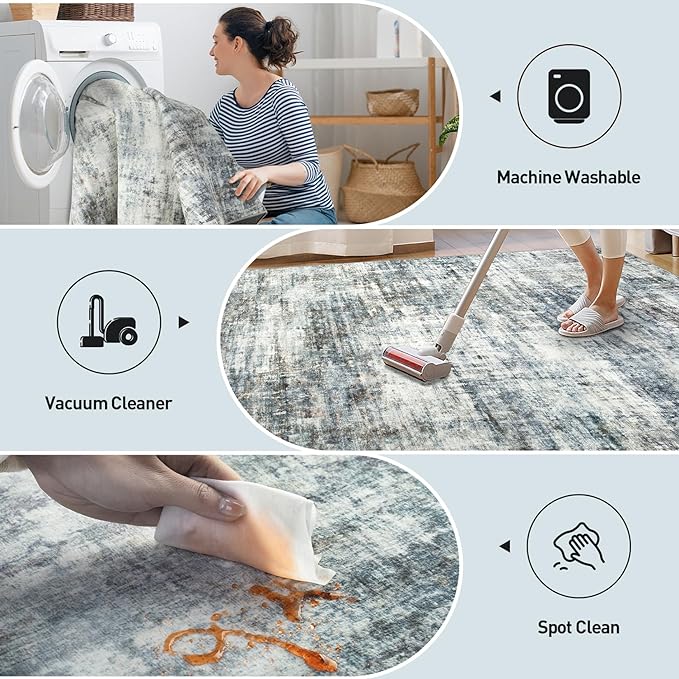 8x10 Area Rugs for Living Room: Washable Abstract Blue Multi Badroom Carpet | Non-slip TPE backing makes this washable soft low-pile rug safe & durable, Pet-friendly decor for dining room,nursery,office