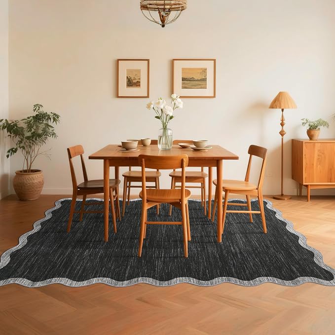 GarveeHome Scalloped Washable Area Rug 8x10 Rug for Living Room Non Slip | Modern Throw Rugs Large Rugs for Bedroom Low Pile Non Shedding Stain Resistant Carpet for Dining Room 8 ft x10 ft Black