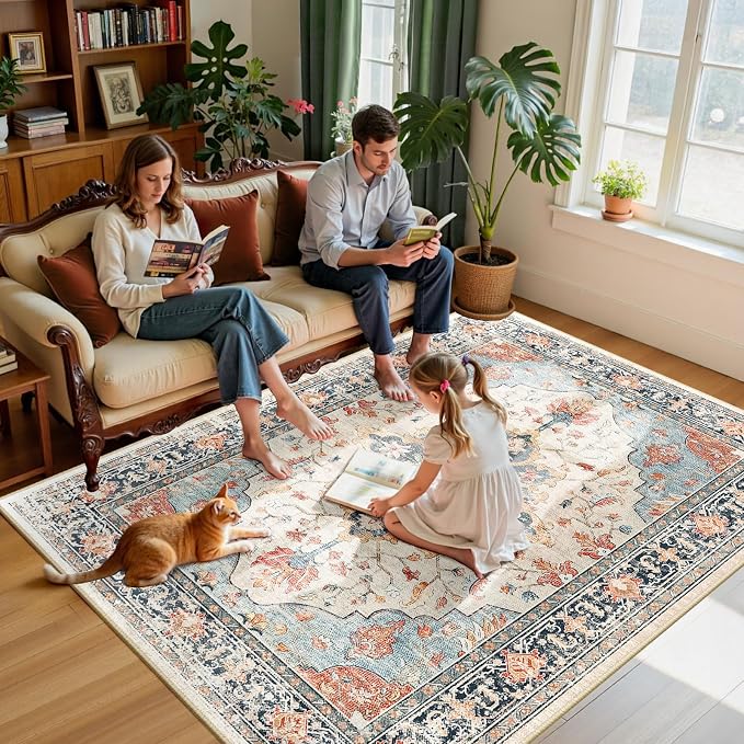 RELEANY Washable Area Rug, 6'x9', Beige/Blue/Orange | Non-Slip, Water Repellent, Pet Friendly, Easy to Clean, Vintage Floral Boho Decor for Living Room Bedroom Dining Room Office