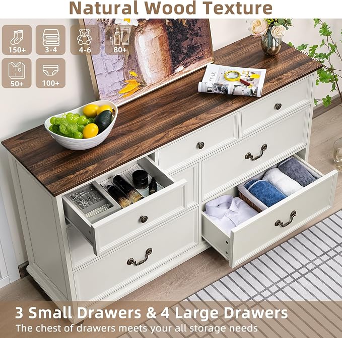 Joaxswe Farmhouse 54" 7 Drawers Dresser for Bedroom, White Wood Chest of Drawers w/ 4 Wooden Legs, Vintage Closet Storage Dressers Organizer for Hallway, Rustic Large TV Stand for Living Room, Foyer