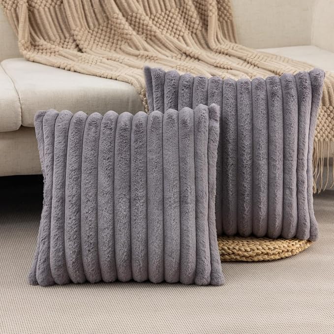 ZLINA Dark Grey Striped Faux Fur Throw Pillow Covers 18 x 18 Inch | 2‑Pack, boho striped pillow covers,velvet back,fuzzy plush cushion covers , for sofa bed livingroom home decor