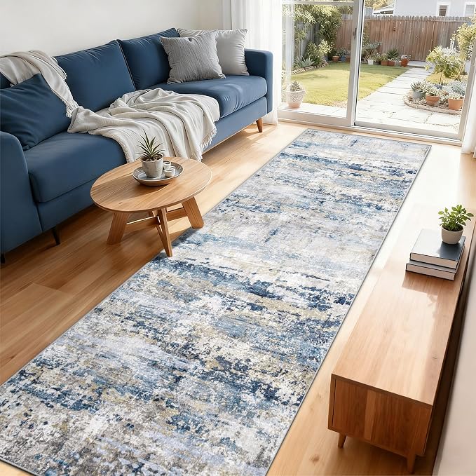 pmtsns Area Rugs 2x8 Runner Rug: Washable Hallway Rug Modern Abstract Neutral Soft Non-Slip Low-Pile Indoor Carpet for Kitchen Bedside Entrance Laundry (Blue Grey Brown, 2'x8')