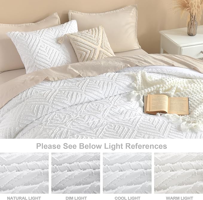 Litanika Queen Size Comforter Set, 3 Pieces White Tufted Boho Bedding Set | Farmhouse Shabby Chic Vintage Bohemian Textured Aesthetic Soft Fluffy Lightweight Breathable All Season Bed Set for Queen Bed