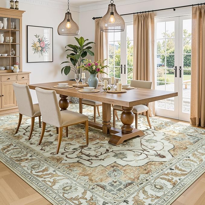 Area Rugs 8x10 for Living Room,Large Washable Carpet Light Beige | Boho & Vintage,Non Slip Backing,Works With All Vacuums,0.25inch Low Pile for Bedroom Dining Room Home Office,Family Friendly