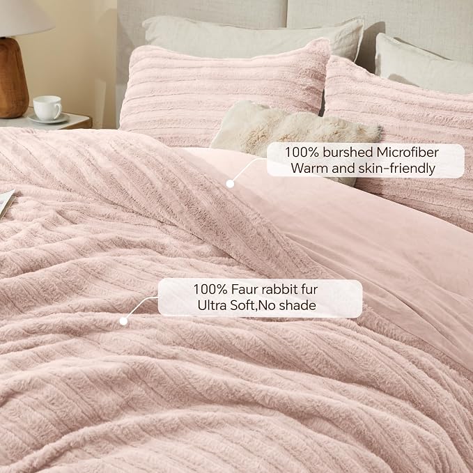 BEDELITE Faux Fur King Size Comforter Set, Fluffy Bed Set, Pink | Super Soft & Warm, Luxury Fuzzy Cozy Comforter for Winter, Heavy Plush Bed set, with 2 Pillowcases