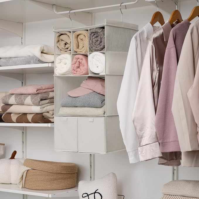 GRANNY SAYS 4-Shelf Hanging Closet Organizer with Drawer, Foldable Storage | Dividers Closet Hanging Organizer, No-Sag Support, Keeps Clothes Neat, Folds Flat, Fits RV, Dorm & Small Closets, Beige