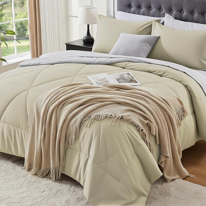 BEDELITE Twin Comforter Set 5 Pieces, Reversible Oatmeal Bed in A Bag | Soft All Season Down-Alternative Comforter, Sheets, Pillowcases & Shams, OEKO-TEX Certified Bedding for Bedrrom, Guest Room