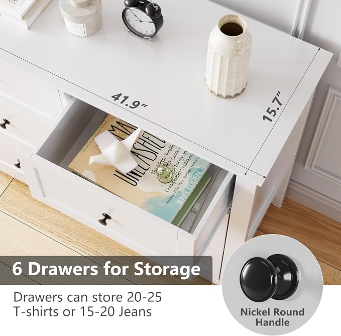 Garvee White 6-Drawer Dresser for Bedroom, 41.7" L Entryway Storage Drawers | Modern Lacquered Chest of Drawers, 15.8"D x 41.7"W x 31.5"H, Storage Dresser with Deep Drawers for Hallway Entryway