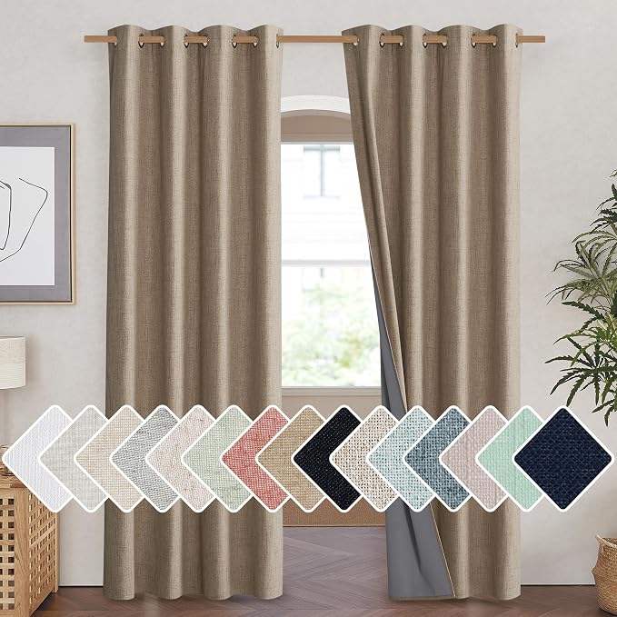 NICETOWN Burlap Blackout Curtains for Dining Room 52" w x 84" L 2 Panels | Vintage Open Linen Weave Flax Thermal Curtains, Soundproof Window Treatment Drapes for Hall Room Bedroom Living Room Decor