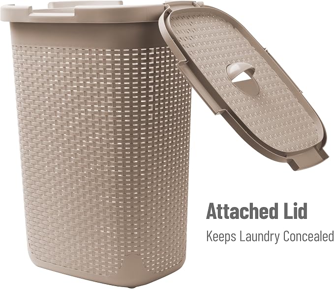Mind Reader Slim Laundry Hamper with Lid, 60L Tall Clothes Basket, Narrow Tapered Design for Bathrooms, Closets and Laundry Rooms, Plastic, Tan