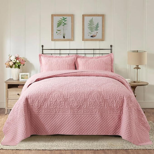 Quilt Bedspread Set, Pink Jacquard Embossed Floral Pattern Reversible Embroidered Microfiber Coverlet Sets, Queen Size