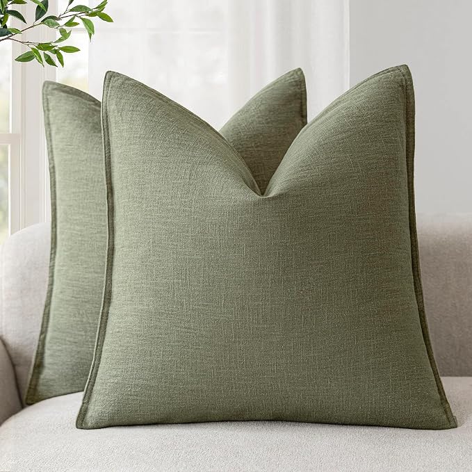 Foindtower Linen Decorative Throw Pillow Covers 18x18 Olive Branch Green | Pack of 2 Boho Farmhouse Neutral Pillowcase,Soft Euro Accent Cushion Covers,Home Decor for Bed Couch Sofa Bedroom Living Room