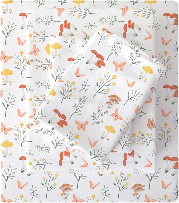 Viviland Mushroom Queen Sheet Set - 4 Piece Vintage Butterfly Flower Patterned Bed Sheets - Soft, Breathable Microfiber Floral Sheets with Deep Pocket, Non-Slip Fitted Sheets & Pillowcases