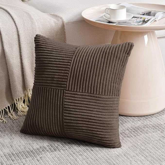Fancy Homi 2 Packs Dark Brown Decorative Throw Pillow Covers 12x12 Inch with for Living Room Couch Bed, Rustic Farmhouse Boho Home Decor, Soft Corss Patchwork Corduroy Square Cushion Case 30x30 cm