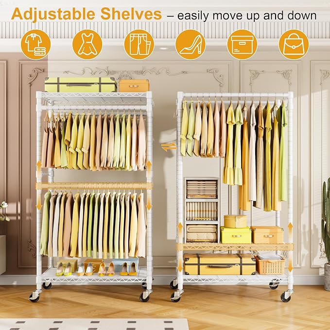 P4 Rolling Clothes Rack, Clothing Racks for Hanging Clothes, White | Heavy Duty Garment Rack with Wheels, 2-Tier Free Standing Portable Closet Racks 35.5''W × 20.5''D × 80.5''H, Max Load 560Lbs