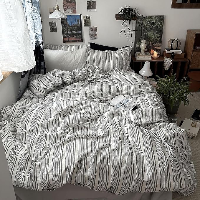 mixinni Vintage Gray & White Striped Duvet Cover Set - 3 Piece 100% Washed Cotton Queen Size Bedding | Minimalist Gender-Neutral Design | Ultra-Soft Breathable, with Zipper Closure & Corner Ties