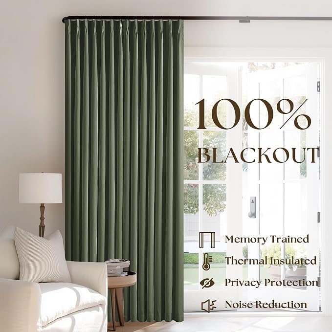 Olive Green Pleated Linen Blackout 102 Inch Curtains for Bedroom 2 Panels | 100% Black Out Thermal Insulated, Pinch Pleat with Rings Hooks, Room Darkening Drapes with Liner, for Living Room W40xL102