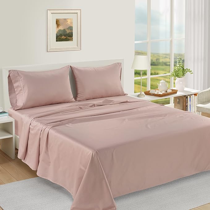 LANE LINEN Luxury 100% Egyptian Cotton Bed Sheets Twin Size, Fully Elasticized Reinforced 16 Inch Extra Deep Pocket Twin Sheets, Soft & Comfy Sateen Weave for Silky Finish-Vintage Petal