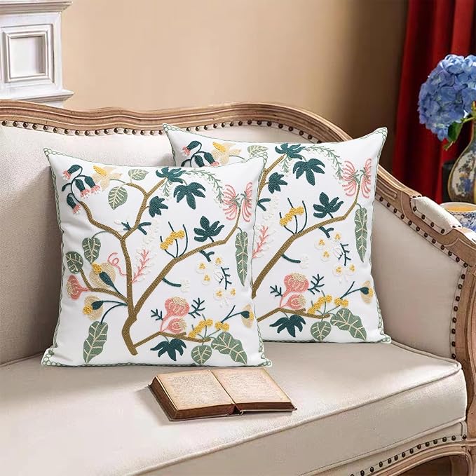 Pack of 2 Embroidered Decorative Throw Pillow Cover 18x18 Inch Farmhouse Floral Pillowcase for Living Room Sofa Bed (Spring Tree Floral)
