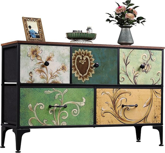 WLIVE Wide Dresser for Bedroom, 5 Drawer Chest of Drawers, Floral | 5 roomy fabric drawers, Wide storage design, Bedroom or closet use, Sturdy steel frame, Smooth wood tabletop
