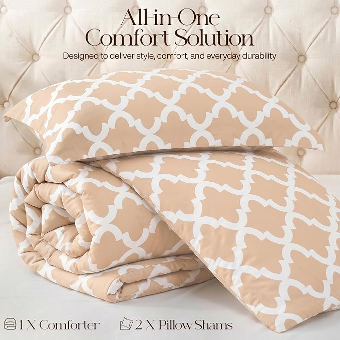 Utopia Bedding 3 Pc King Comforter Set, Printed Comforter, Beige | Comforter Set Includes Comforter (90x102) Inches, 2 Shams (20x36) Inches. Soft Microfiber Down Alternative, Machine Washable.