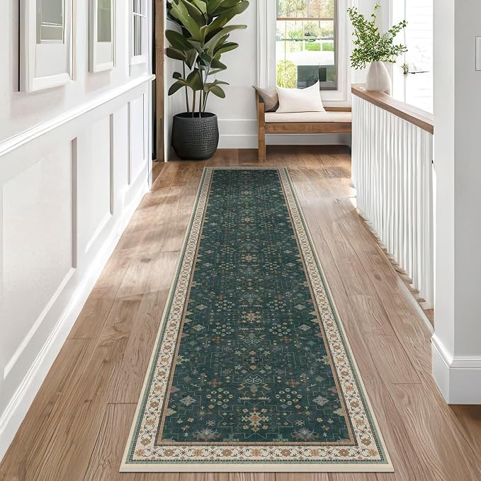 Vintage Dark Green 2x10 Hallway Runner Rug - Modern Boho Eclectic Floral Pastel, Washable Low Pile Non-Slip Extra Long Runner Rugs for Kitchen, Bedroom