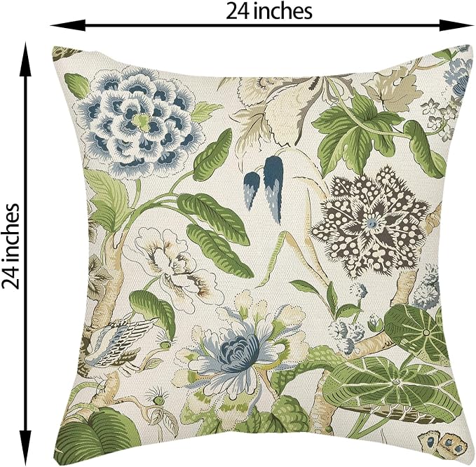 Sage Green Boho Pillow Covers 24x24 Inch 2 Pcs Blue Green Vintage Floral Bird Decor Throw Pillows Chinoiserie Flower Seasonal Outdoor Farmhouse Pillowcase Linen Cushion Cover for Couch Sofa