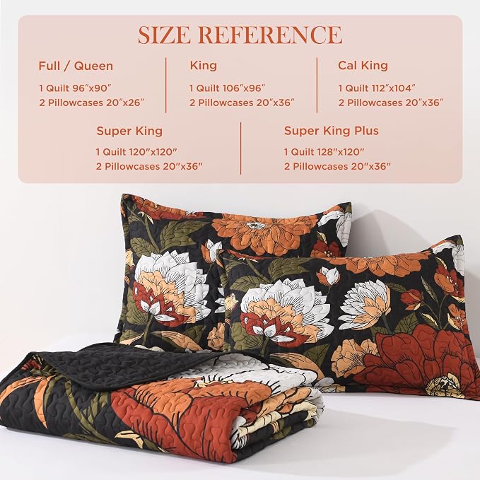 Andency Oversized King Quilt Set Black, 128x120 Floral Super King Bedspread | 3 Pieces Brown Boho Flower Botanical Summer Bedspreads with 2 Shams, Reversible Polyester Coverlet Set for All Seasons