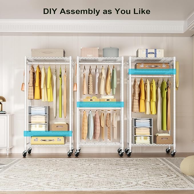 FUTASSI Rolling Clothes Rack, Clothing Racks for Hanging Clothes, White | P3 Mini Heavy Duty Garment Rack with Wheels, Freestanding Portable Closet Racks 23.6'' W x 14'' D x 78.5'' H, Max Load 430Lbs