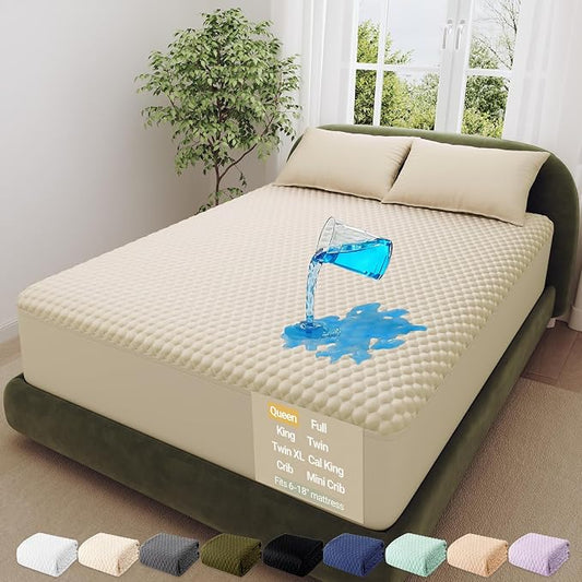 OhGeni 100% Waterproof Mattress Protector, Queen Size Mattress Pad, Fits 6"-20" Mattresses with Deep Pocket, Cooling, Breathable Fitted Sheets, Washable Bed Cover Over 99 pcs Hex Filled Bumps,Beige