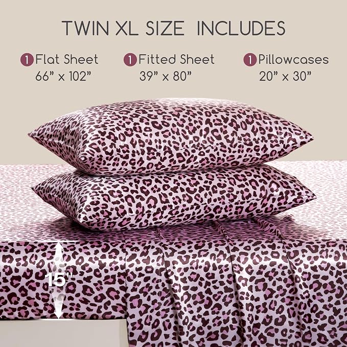 MR&HM Satin Sheets Twin XL Size with Elastic Corner Straps, Pink Leopard | Similar to Silk, 3-Piece Silky Soft Bed Sheet Set, Gentle on Skin and Hair, 15" Deep Pocket, Cooling & Breathable