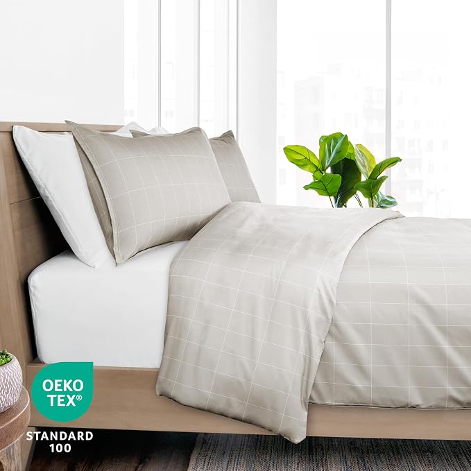 Bare Home Duvet Cover Set 1800 Ultra-Soft (Queen, Grid – Stone/White) | Lightweight, Cooling, Breathable, Premium 1800 Ultra-Soft, All-Season