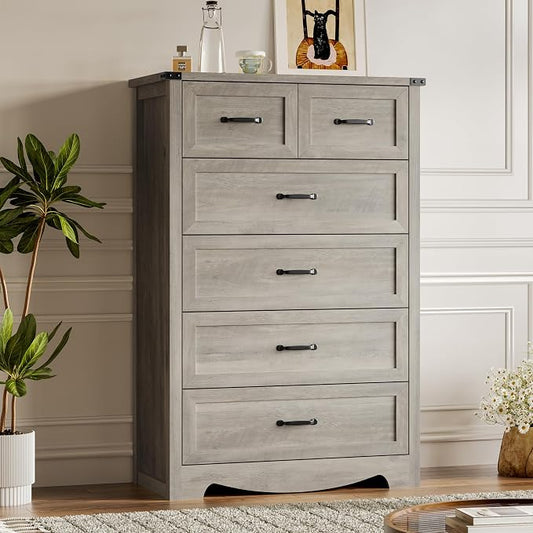 BORNOON Tall 6-Drawer Dresser for Bedroom, Modern Wooden Chest of Drawers with Metal Handles, Anti-Tipping Design, Sturdy and Stable Storage Organizer for Living Room, Entryway, Home Office