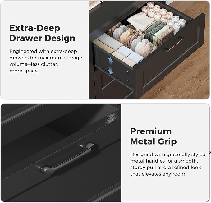 Jocoevol Black 6 Drawer Dresser for Bedroom, 47.2" Modern Chest of Drawers | Wooden Storage Dresser with Mental Handle, Large Double Dresser with 5.9" Deep Drawers for Living Room, Hallway Entryway