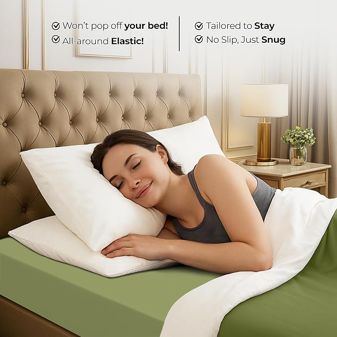 Queen Fitted Sheet, Ultra Soft Fits Up to 16 Inch Deep Pocket, Olive | Hotel Comfort, Cooling & Breathable Cotton like Polyester, Easy Fit, Wrinkle & Fade Resistant, Snug Fit, Easy Care, Oeko-Tex
