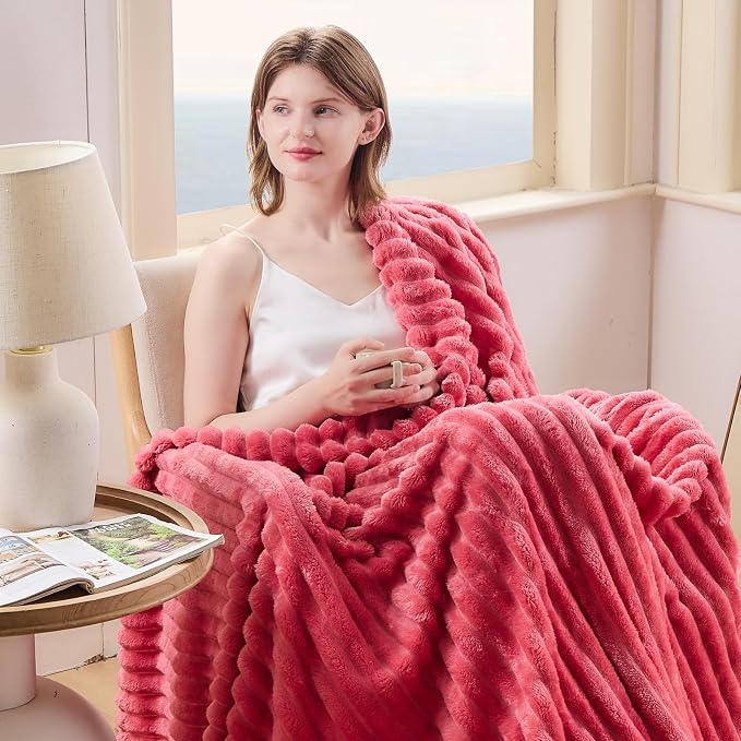 NEWCOSPLAY Fleece Ribbed Cozy Twin Blanket for Couch, Coral Pink, 60"x80" | Premium Silky Flannel Blanket, Soft Lightweight Fluffy Throw Blanket for Bed Sofa Decor, Gift for All Season Use