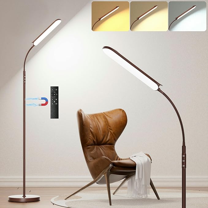 Yikuneng Dimmable LED Floor Lamp, Super Bright Reading Lamps Floor Standing lamp with Remote & Touch Control, Stepless Dimming & 2700K-6500K Color Temperature, for Living Room Bedroom Office, Brown