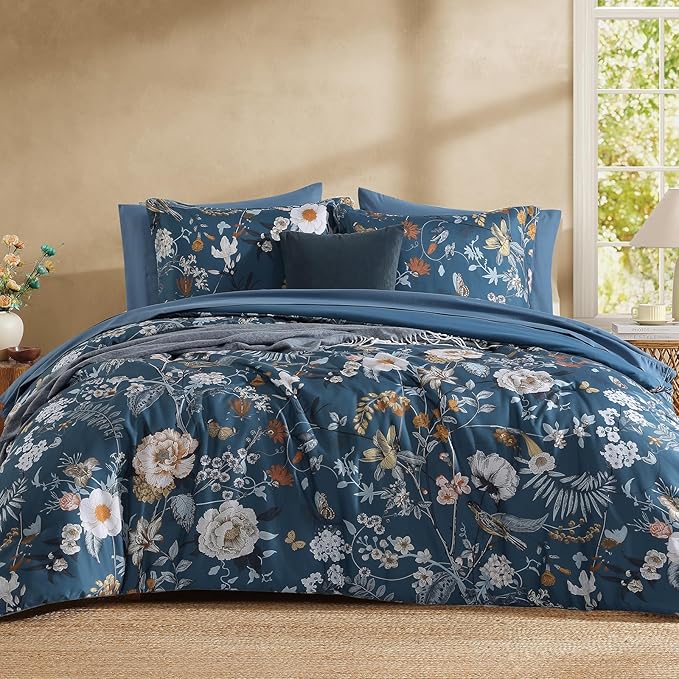 King Size Comforter Set- 7 Pieces Blue Floral Bed in a Bag King Bedding Set | All Season Botanical Texture Flowers Comforter Set with Sheets, Pillowcases & Shams