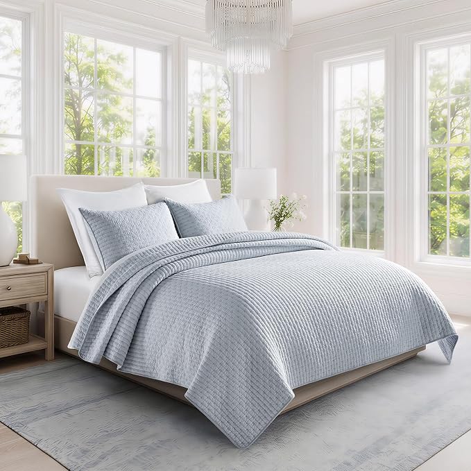 100% Cotton Cross Stitch 3-Piece Quilt Set, Queen, Powder Blue | 100% Cotton, Elegant Cross Stitch, Soft & Breathable, Prewashed Softness, Oversized Design, OEKO-TEX® Certified