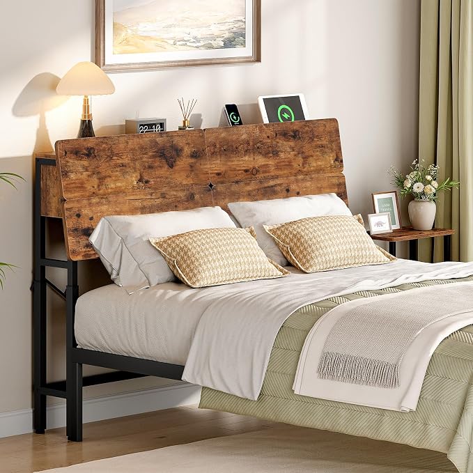 HOOBRO Height-Adjustable Headboard with Outlets, Headboard Full Size Only | Headboard with Storage, Outlets, USB Ports, Full Size Headboard Only, Metal Headboard with Adapters for Bed, Rustic Brown